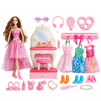 طقم دمية أزياء مع غرفة تبديل الملابس | Fashion Girl Dress-Up Doll Set