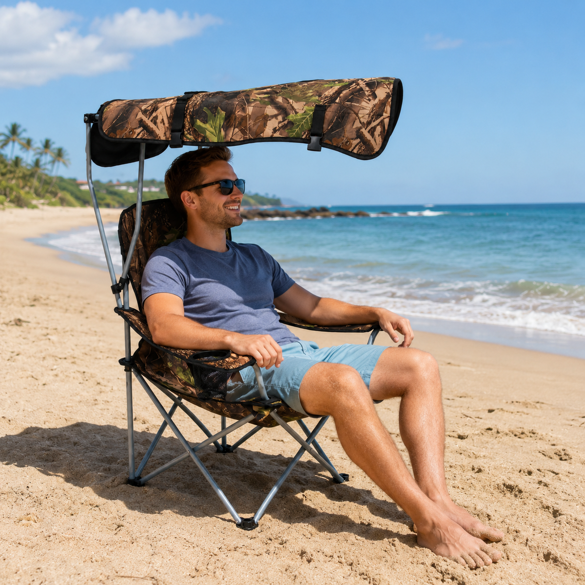 كرسي تخييم قابل للطي بمظلّة واقية – نقشة تمويه | Folding Camping Chair with Canopy