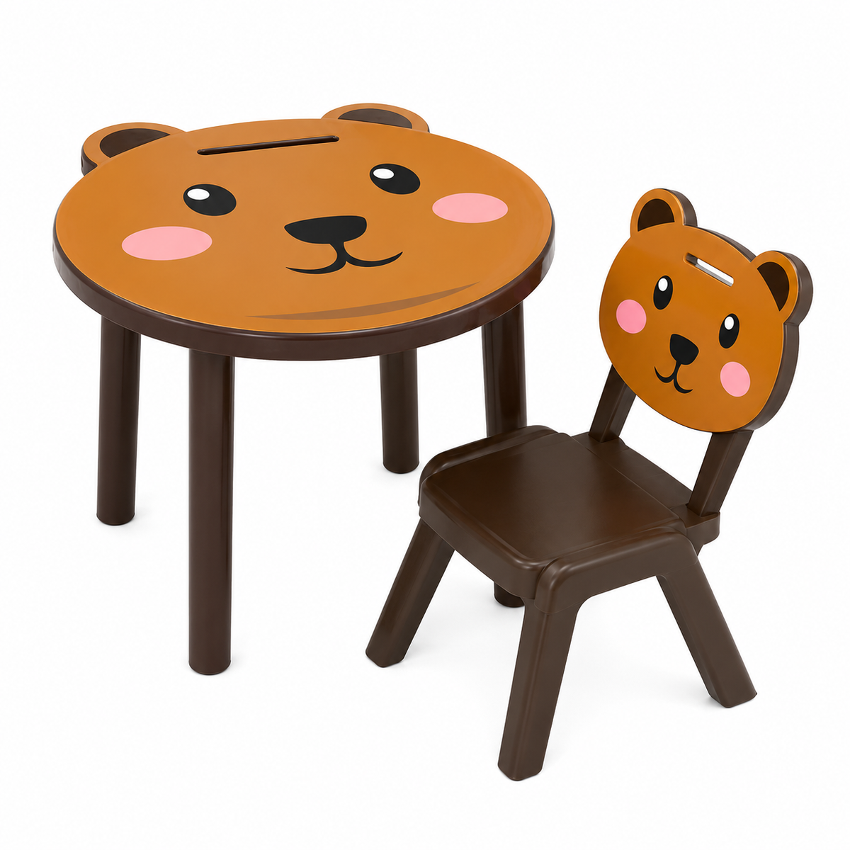 طاولة أطفال بلاستيكية دائرية بوجه دبّ مع كرسي – بنّي | Kids Round Table & Chair