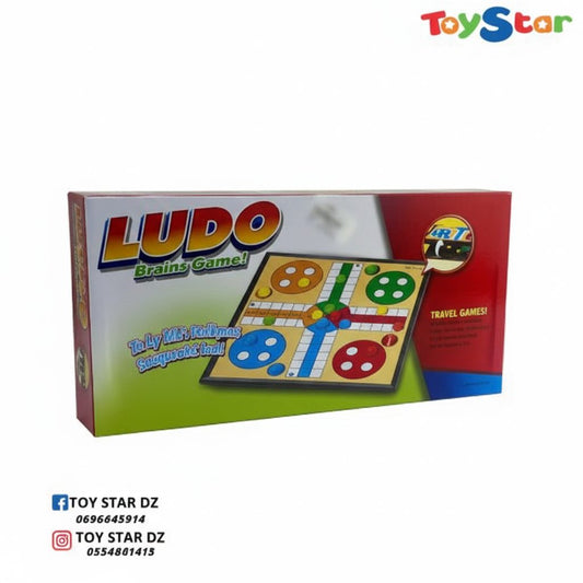 صندوق للعبة لودو مغناطيسية.  لعبة عائلية كلاسيكية مصممة من ٢ إلى ٤ لاعبين.